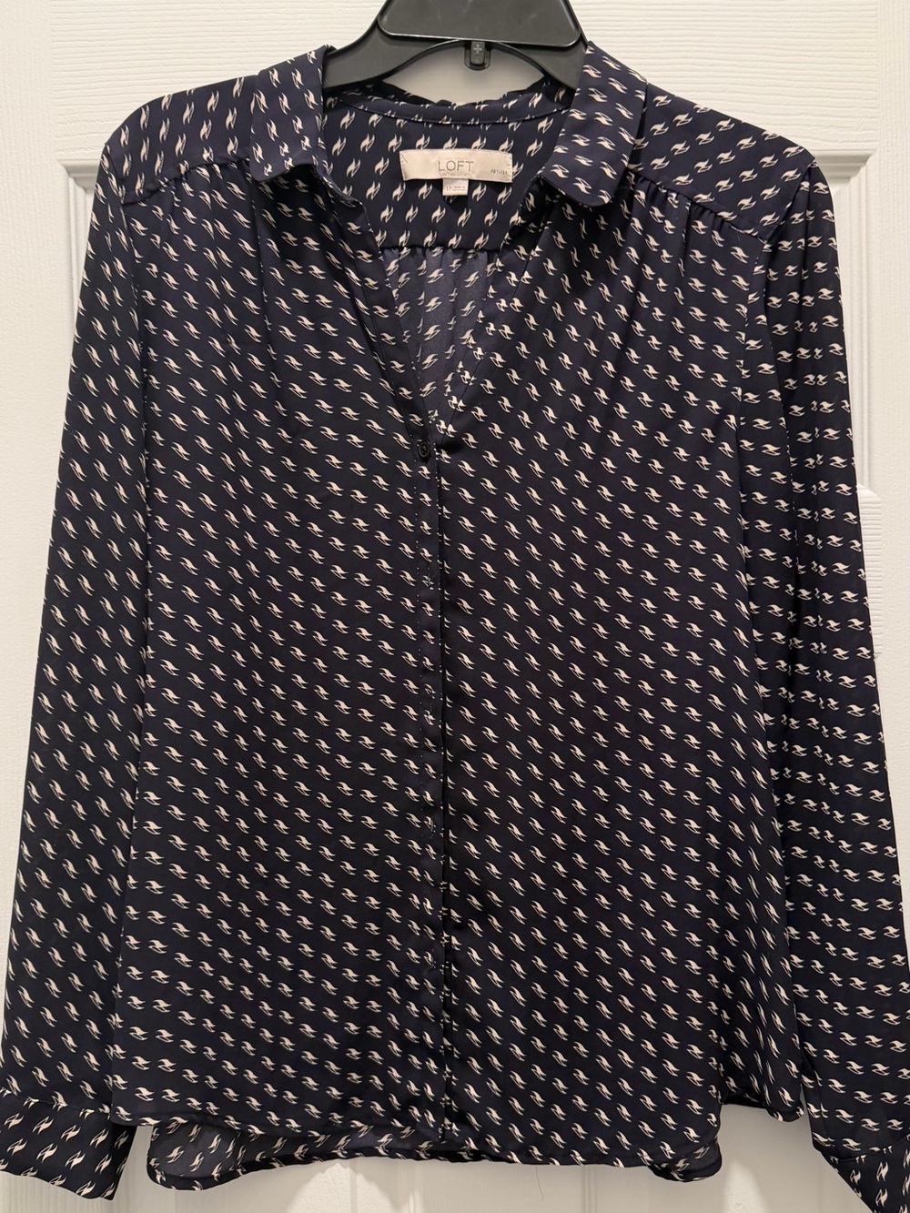 LOFT Navy and White Printed Button-Front Blouse